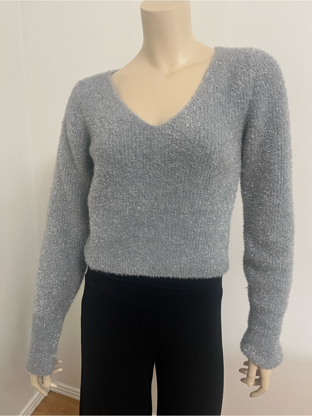 Women's Silver Shimmery V-Neck Fuzzy Sweater